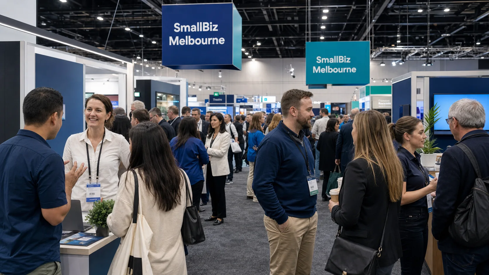 Attendees comparing exhibitor options at SmallBiz Expo booths