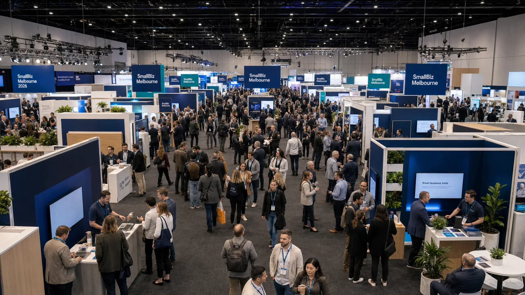 SmallBiz Expo floor with exhibitor booths and business attendees