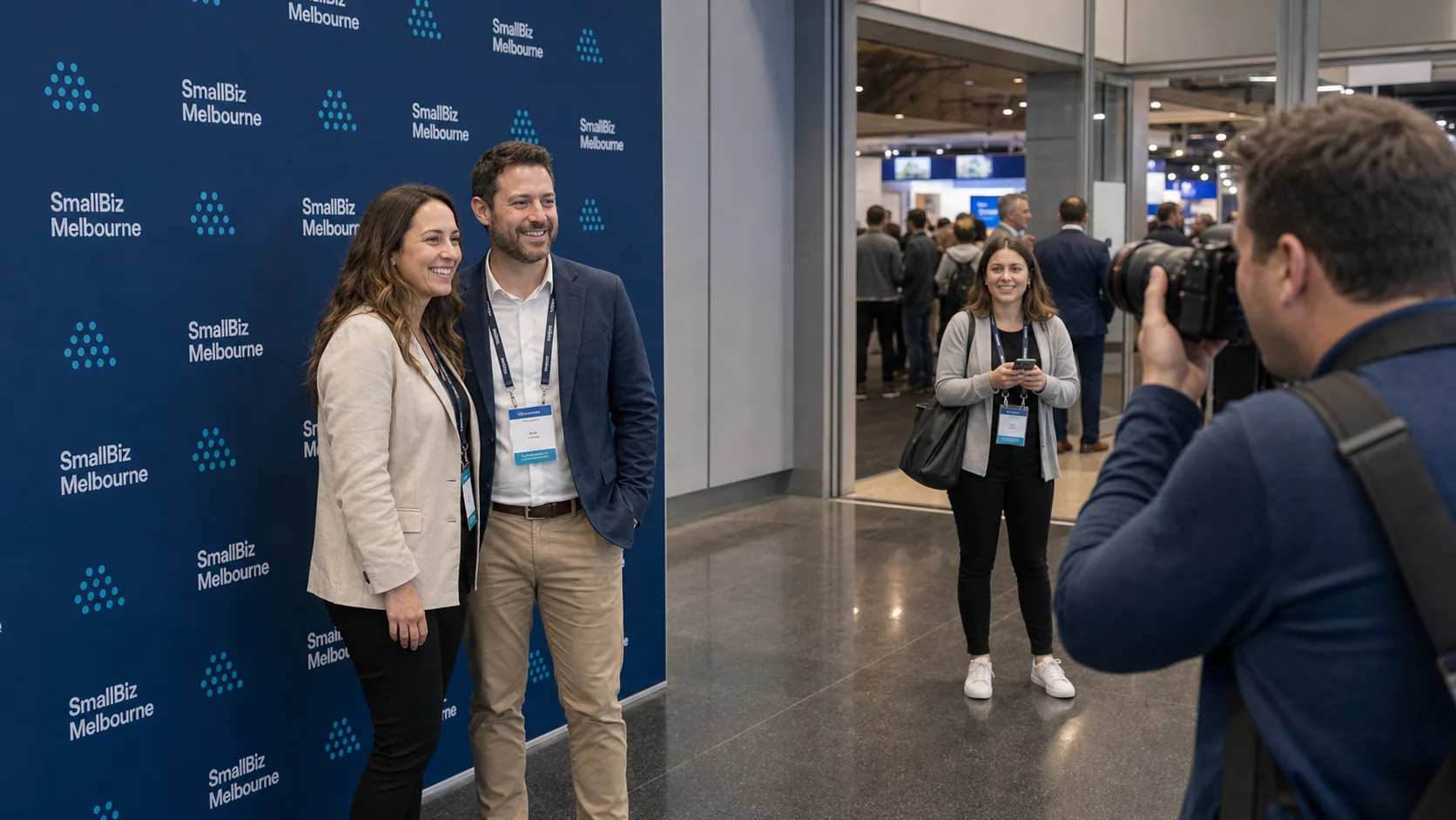 SmallBiz Melbourne media wall with attendees being photographed