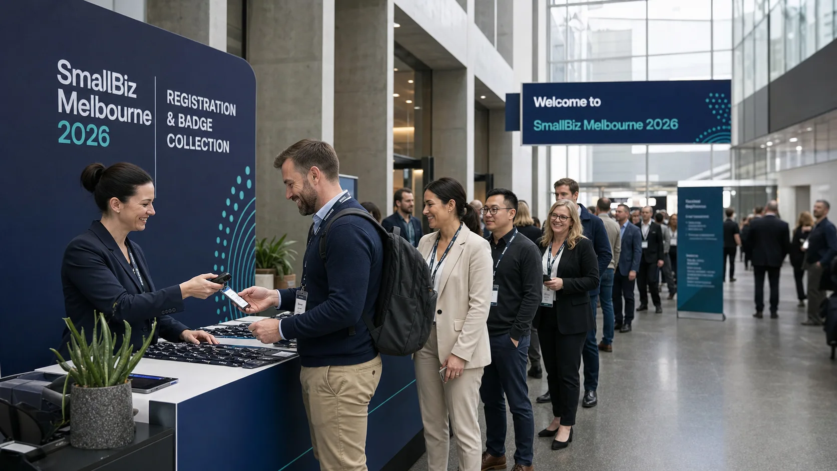 SmallBiz Melbourne registration desk with attendees collecting badges
