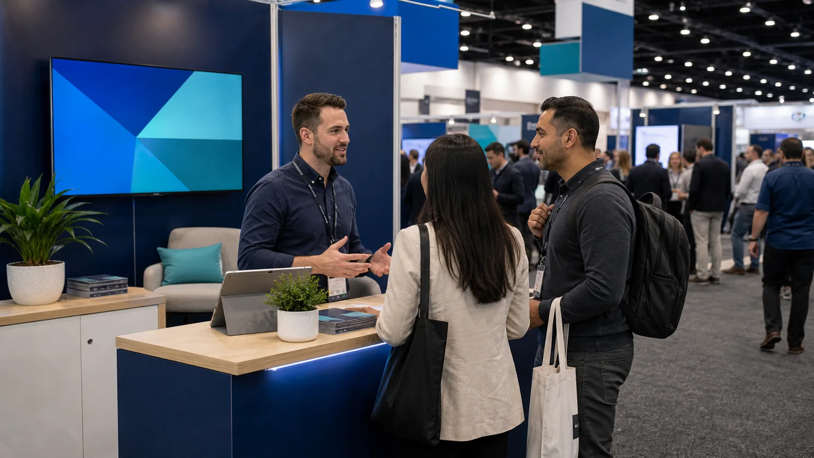 SmallBiz Melbourne sponsor booth with attendee conversation