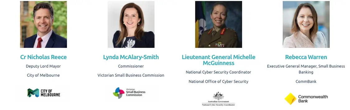 2024 SmallBiz speaker board featuring Cr Nicholas Reece, Lynda McAlary-Smith, Lieutenant General Michelle McGuinness, and Rebecca Warren