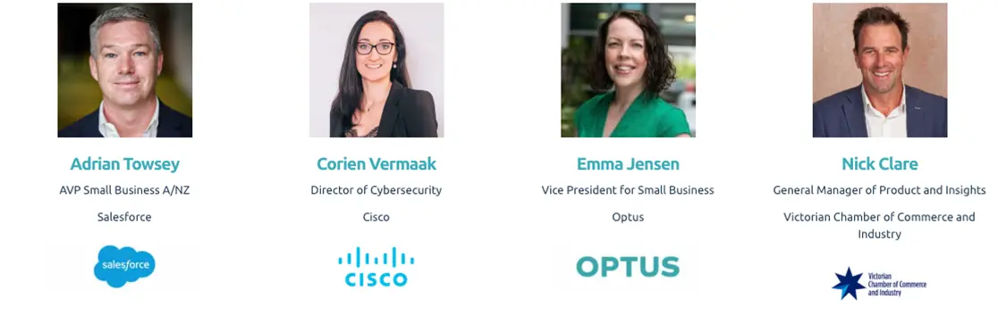 2024 SmallBiz speaker board featuring Adrian Towsey, Corien Vermaak, Emma Jensen, and Nick Clare
