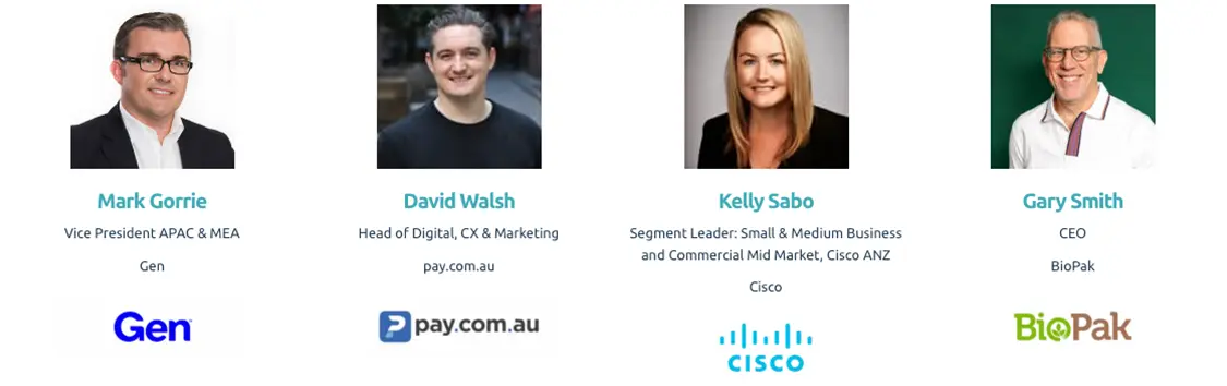 2024 SmallBiz speaker board featuring Mark Gorrie, David Walsh, Kelly Sabo, and Gary Smith